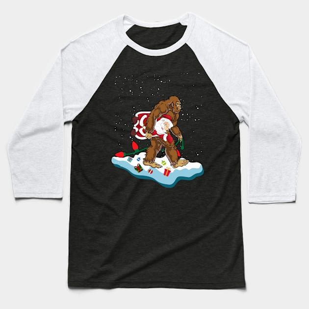 Bigfoot Kidnaps Santa Funny Christmas Baseball T-Shirt by JameMalbie